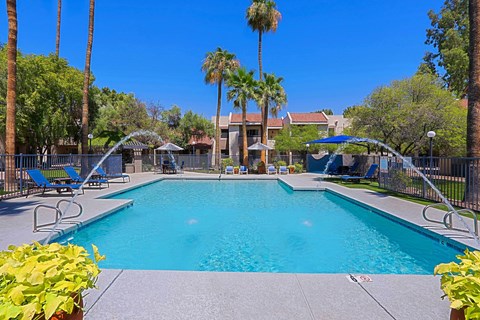 A large swimming pool surrounded by palm trees and lounge chairs.