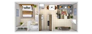 a layout of a bedroom with a bathroom and a living room