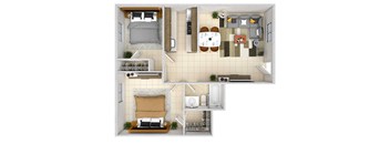 3d floor plan of a house with bedrooms and a living room