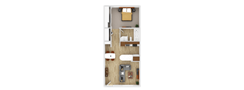 A top-down view of a living room with a couch, chair, and coffee table.