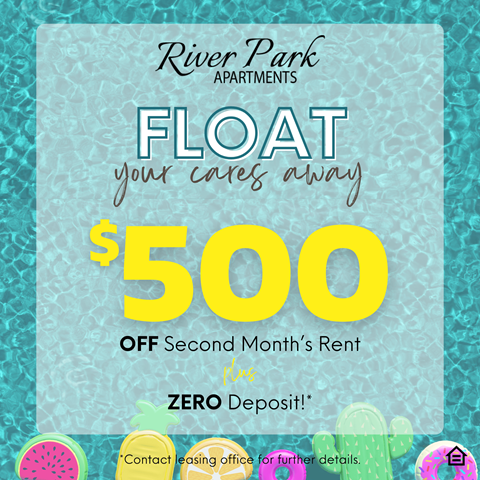 a flyer for the river park pool float your cares away 50 off second month