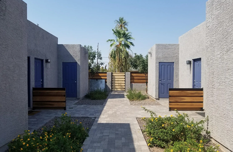 a courtyard with blue doors and a palm tree