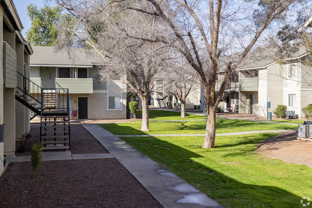 our apartments have a spacious courtyard with trees and grass