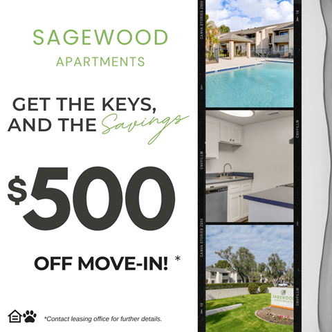 A promotional image for Sagewood Apartments offering $500 off move-in.