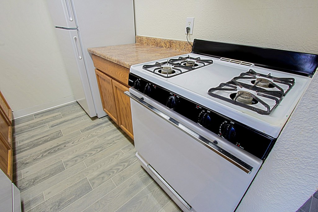 a kitchen with a stove and a refrigerator