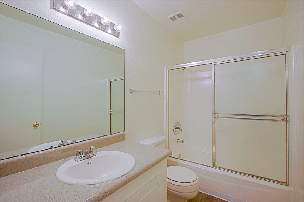 a bathroom with a sink and a shower and a toilet