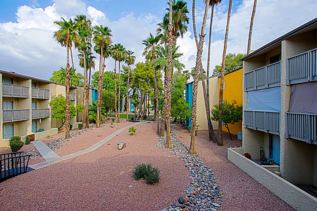 a courtyard with palm trees between two apartment buildings