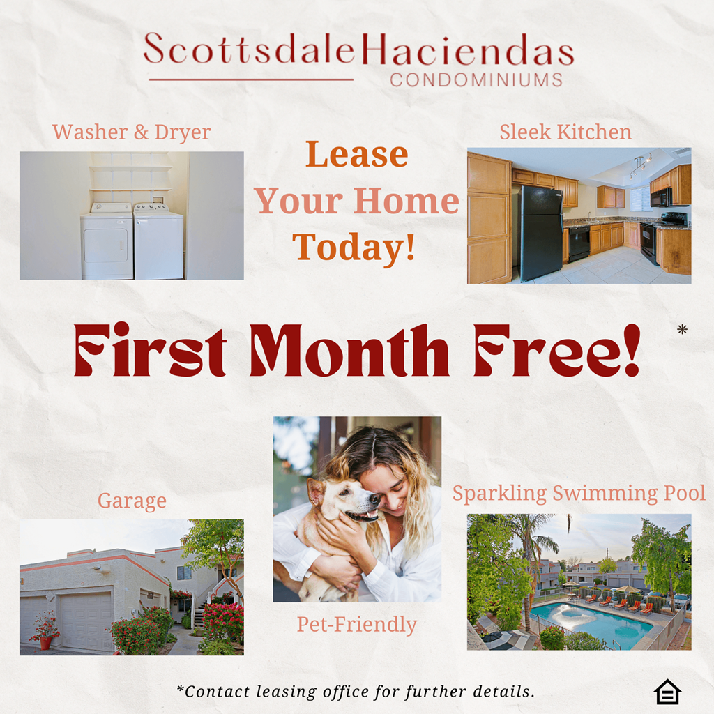 A flyer for Scottdale Haciendas Condominiums advertising a free first month.