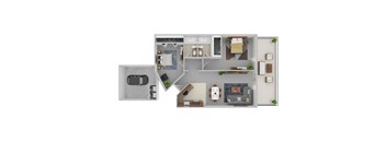 A floor plan of a house with a garage, living room, kitchen, and two bedrooms.