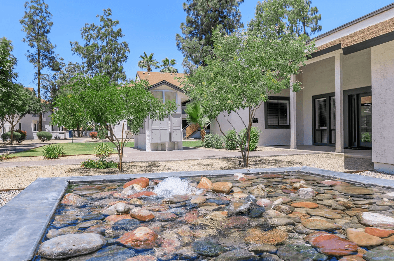 Landscaped water feature at Tides on McDowell.