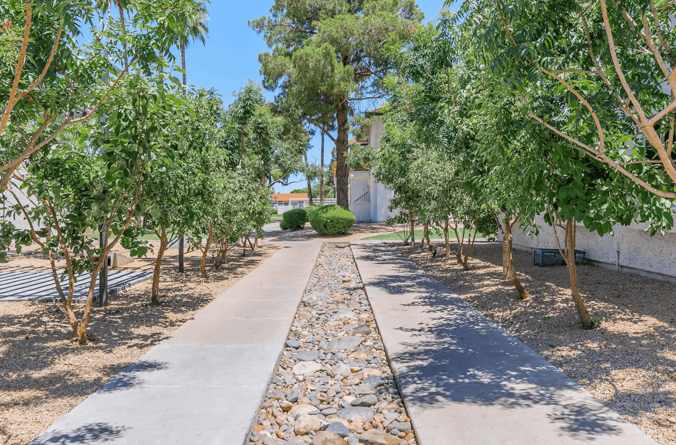 Landscaped walkway at Tides on McDowell.