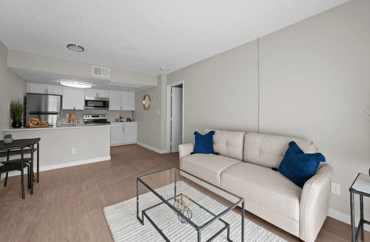 Furnished apartment living area shown — representative home at Tides on McDowell.