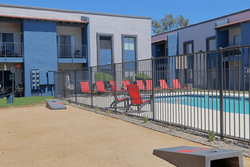 Front View of Lawn Game Area with Cornhole and View of Pool at Summers Point in Arizona, 85301