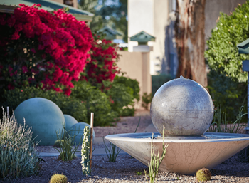 Elegant Fountain with Desert Landscaping at The Viridian Apartments in Scottsdale, AZ
