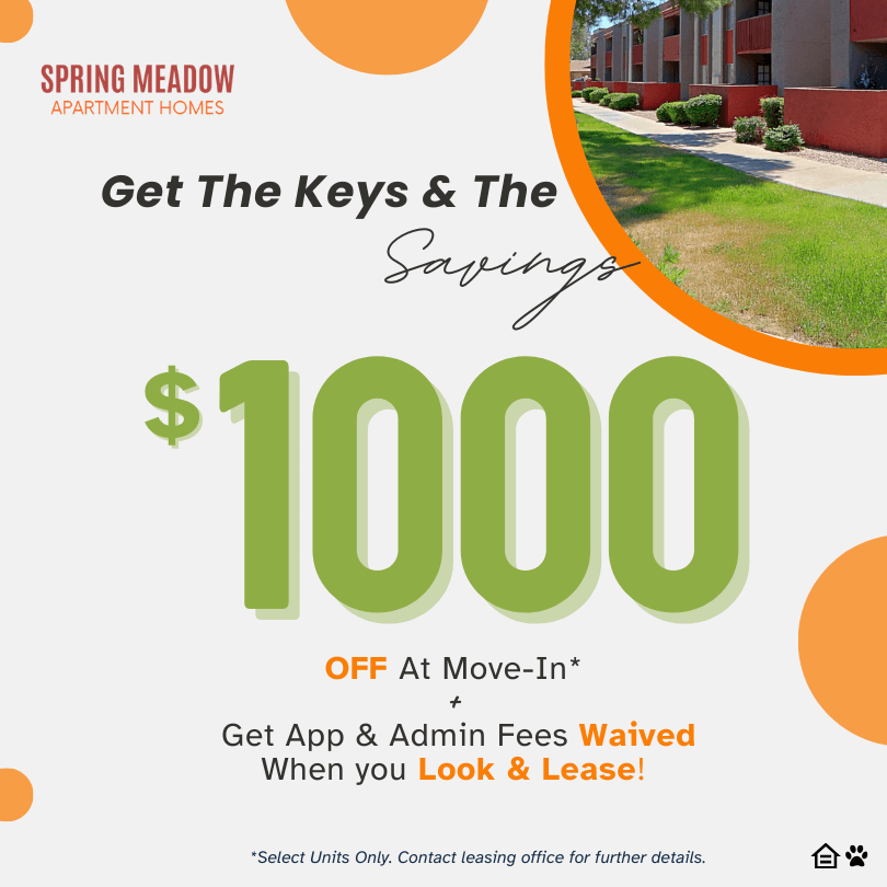 Spring Meadow Apartment Homes is offering $1000 off at move-in with a lease. at Spring Meadow Apartments, Glendale, AZ