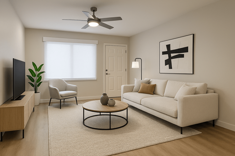 A living room with a white couch, a television, a plant, a chair, a coffee table, and a painting on the wall.