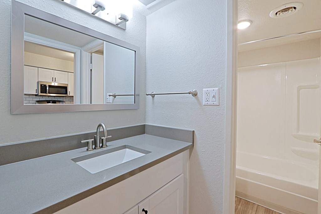 Studio bathroom at Allora Phoenix Apartments, Arizona