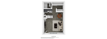 A floor plan of a small apartment with a kitchenette, living room, and bathroom.