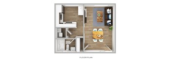 a stylized floor plan with a bedroom and a living room