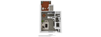 A floor plan of a small apartment with a kitchen, living room, and bathroom.