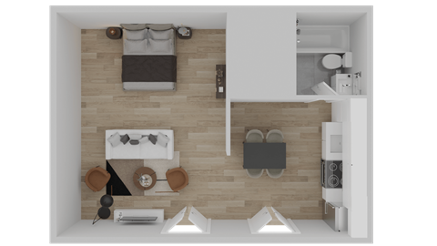 A top-down view of a small, modern apartment with a kitchen, living room, and bedroom.