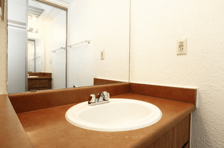a bathroom with a sink and a mirror