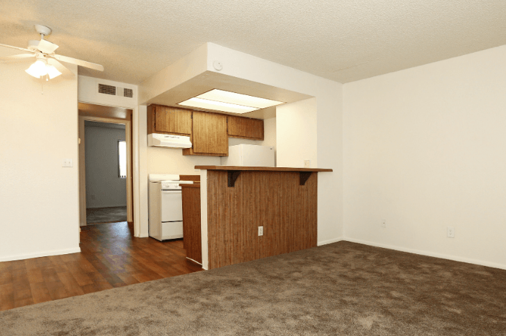 an empty living room with a kitchen and a carpeted floor