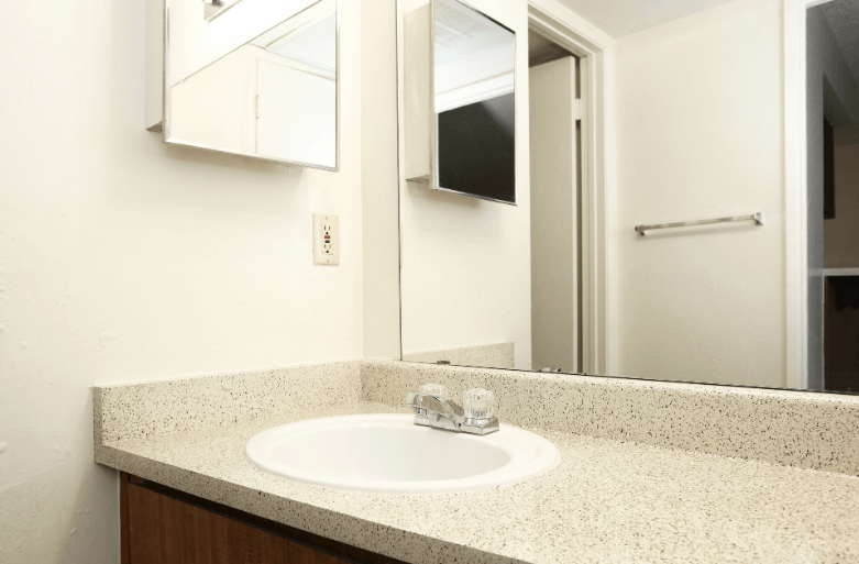 a bathroom with a sink and a mirror