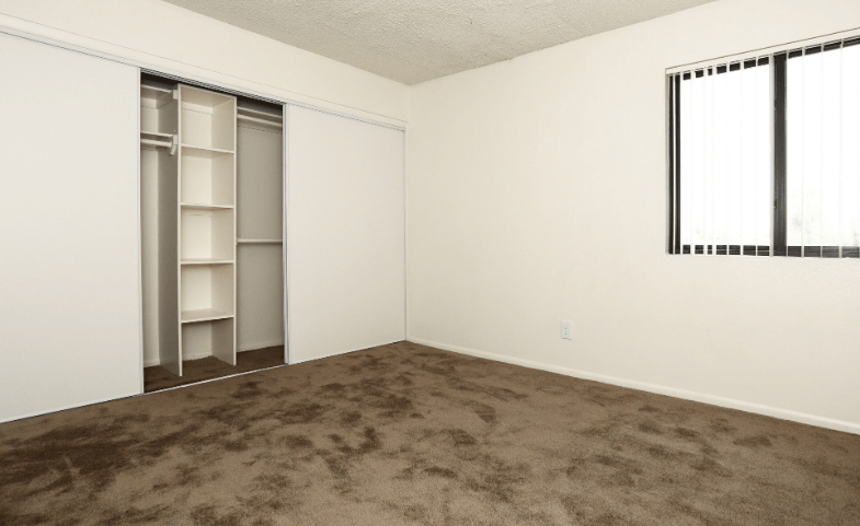 an empty room with carpet and a closet
