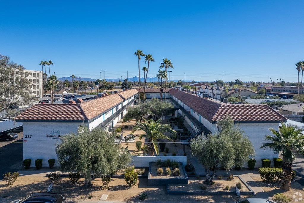 a view of the roof of a building with palm trees