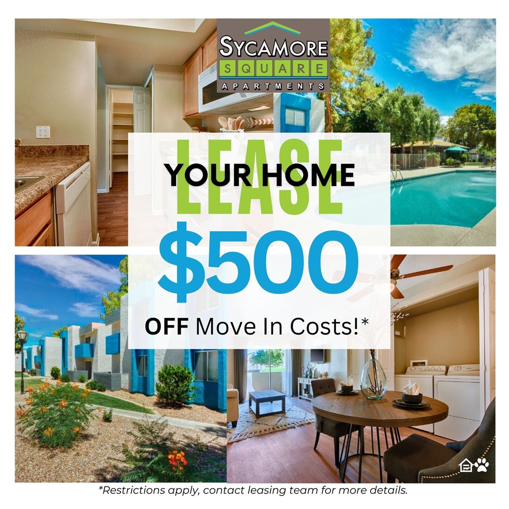 A promotional image for Sycamore Square Apartments advertising a lease offer.