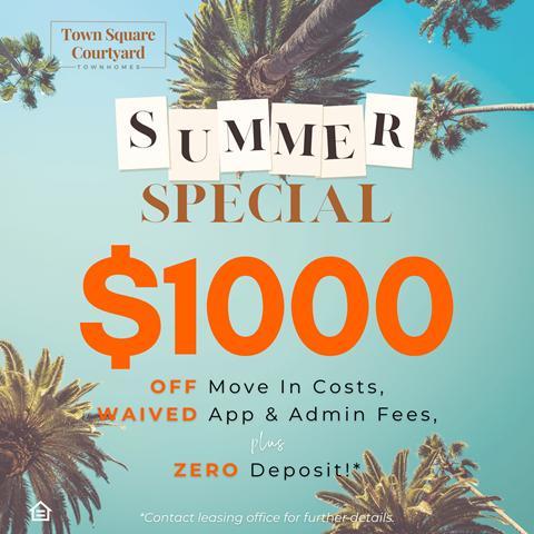 a poster for summer special off move in costs with palm trees