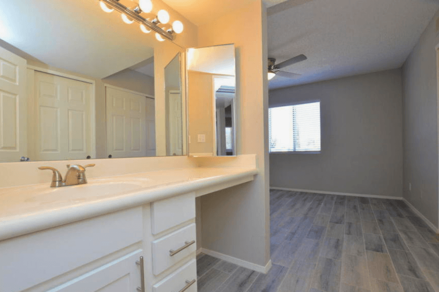 a bathroom with a sink and a mirror