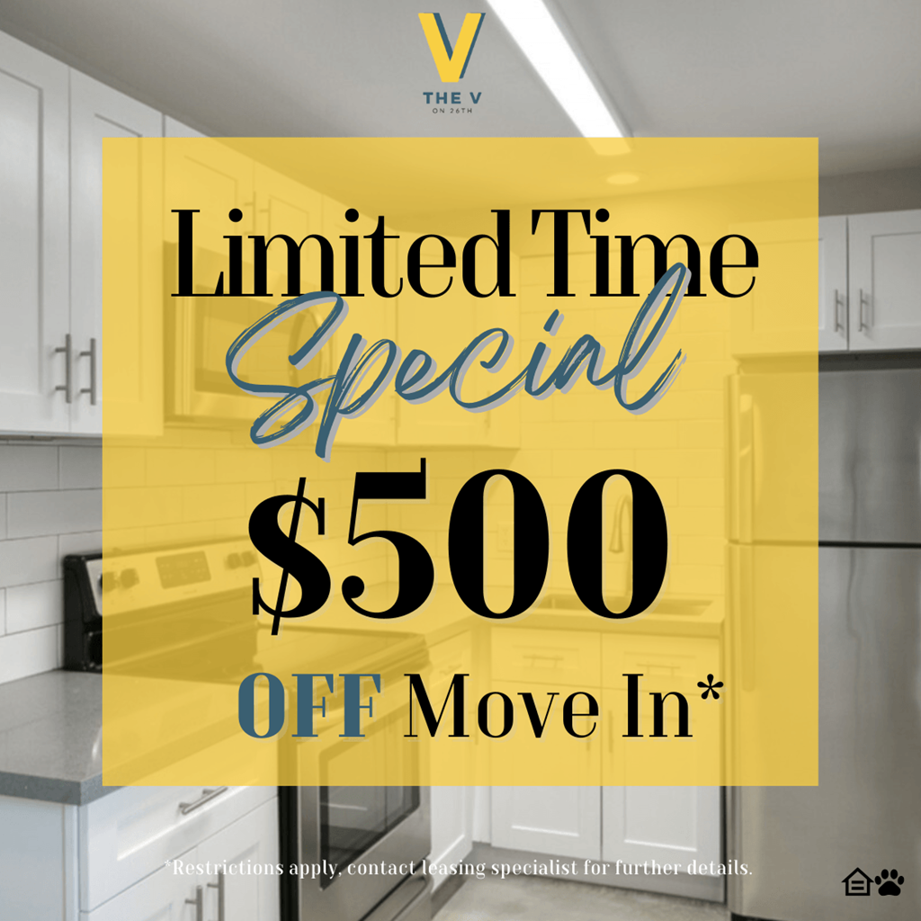 a kitchen with the words limited time special 500 off move in