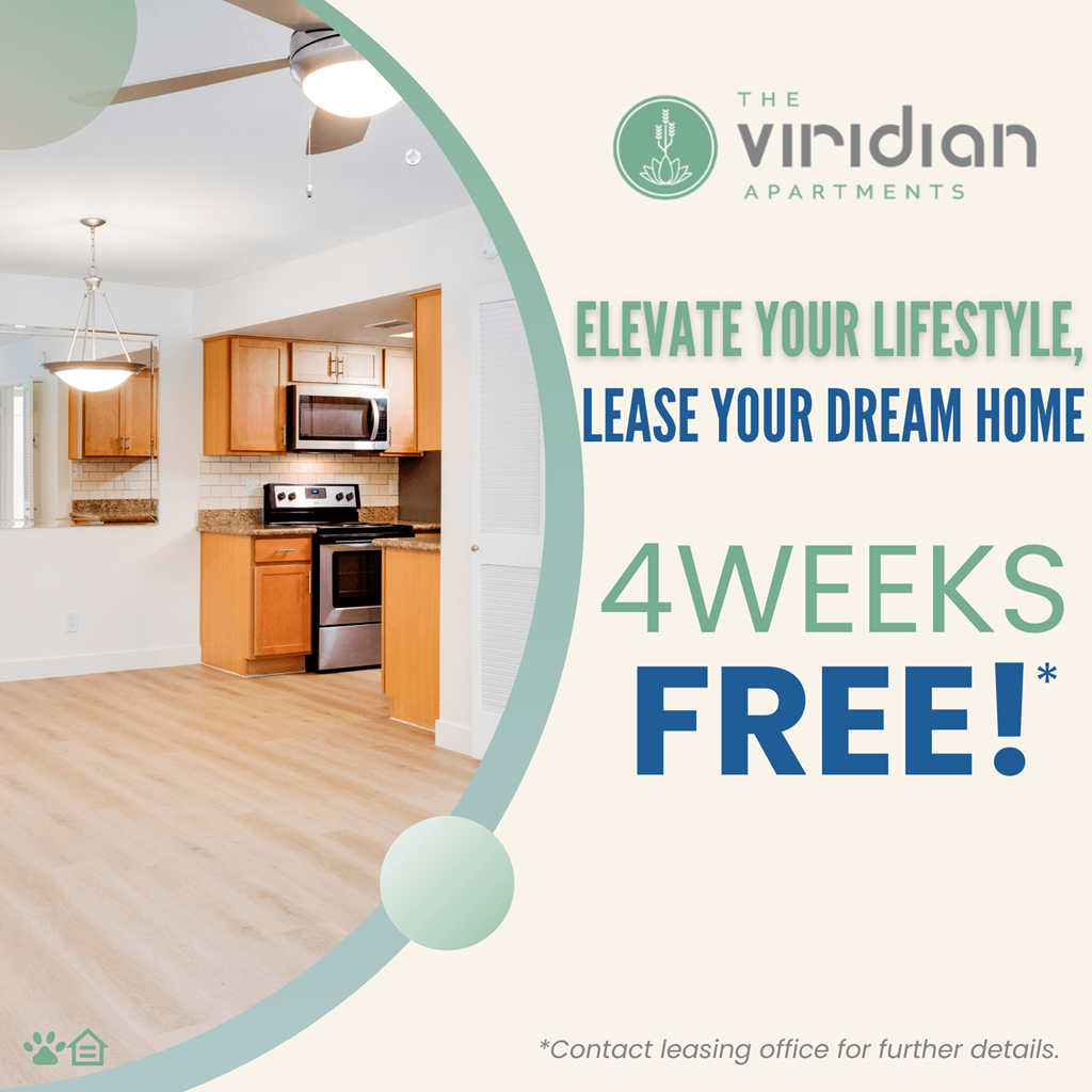 A promotional image for The Viridian Apartments offering a 4-week free lease.