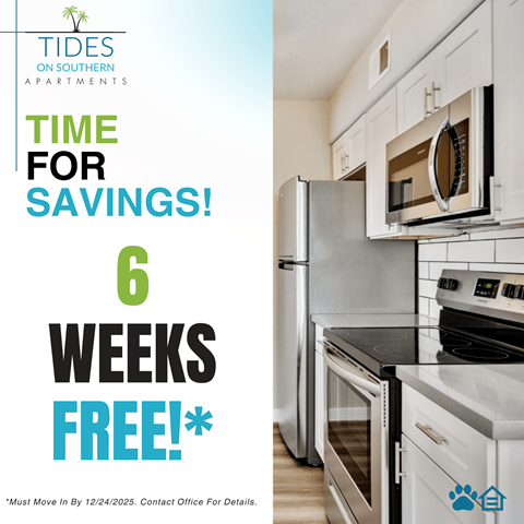 An advertisement for Tides on Southern Apartments offering 6 weeks free.