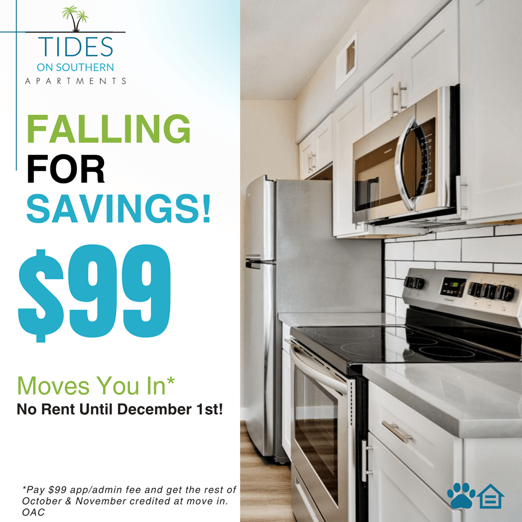 A kitchen with a sign advertising a $99 move in fee.