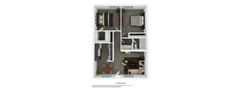 A floor plan of a small apartment with a kitchen, living room, and bathroom.