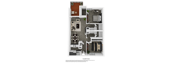 A floor plan of a small apartment with a kitchen, living room, and bedroom.