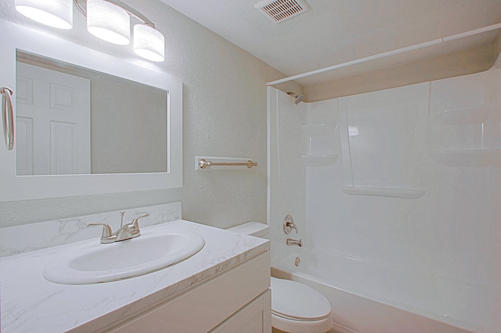 a bathroom with a sink and a shower and a toilet
