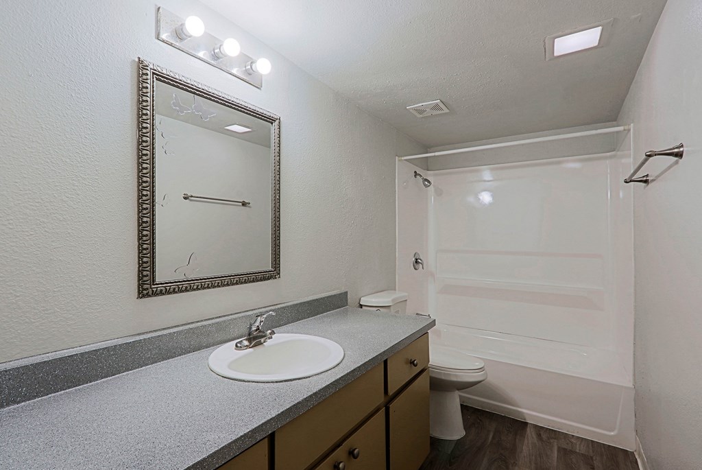 A bathroom with a sink, mirror, and toilet.