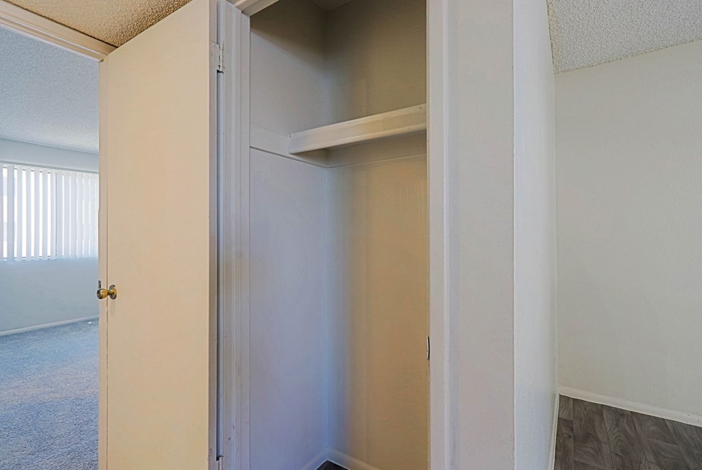 A white door is open to a small pantry.