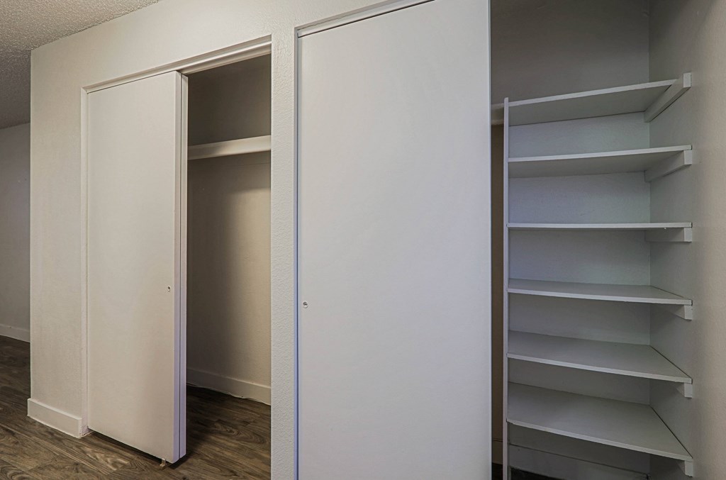 A white closet with shelves and an open door.
