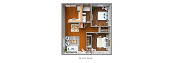 a stylized floor plan with a bedroom and living room