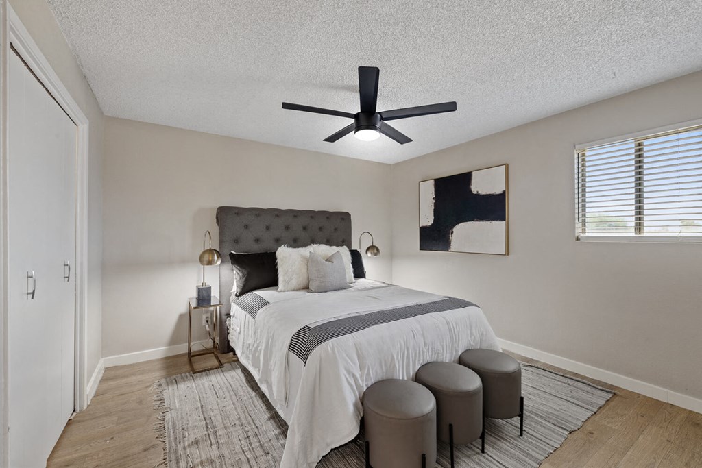 A bedroom with a bed, a ceiling fan, and a rug.