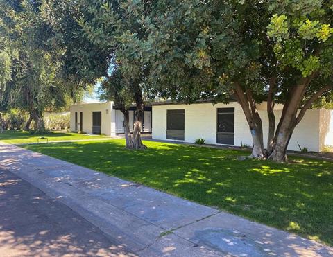 A white building with a tree in front of it.