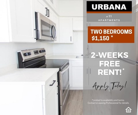 A kitchen advertisement for Urbana apartments offering two bedrooms for rent at $1,150 for 2 weeks.