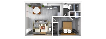 A 3D rendered image of a modern bedroom with a bed, a desk, and a chair.
