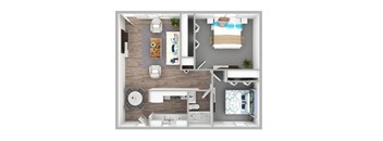 a stylized 3d floor plan of a bedroom with a bathroom and a living
