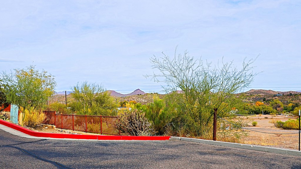 A desert landscape with a red curb.